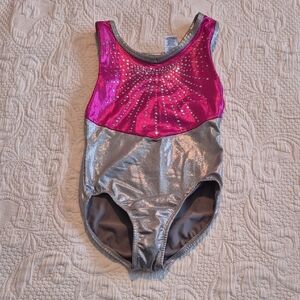 Freestyle girls 7/8 silver and pink shimmery leotard with gems VGUC